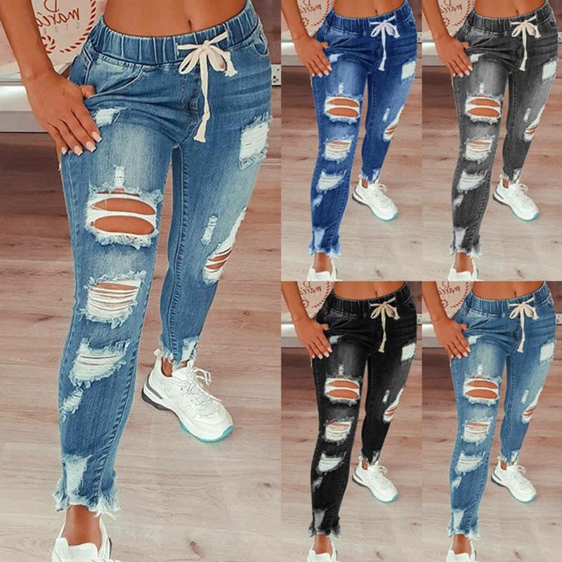 Dámské elastické dlouhé kalhoty v pase Džínové džíny se stahovací šňůrkou Pro ženy Sexy džíny s roztrhaným otvorem Strečové džíny Nová tužková bandáž