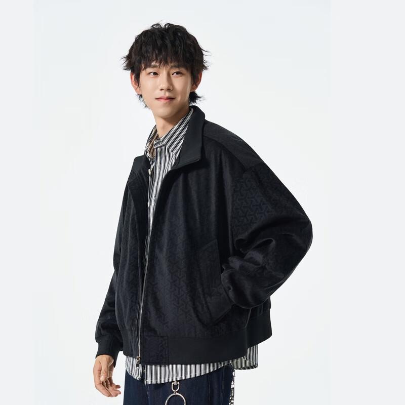 FengXun Men's Stand Collar Jacquard Corduroy Jacket