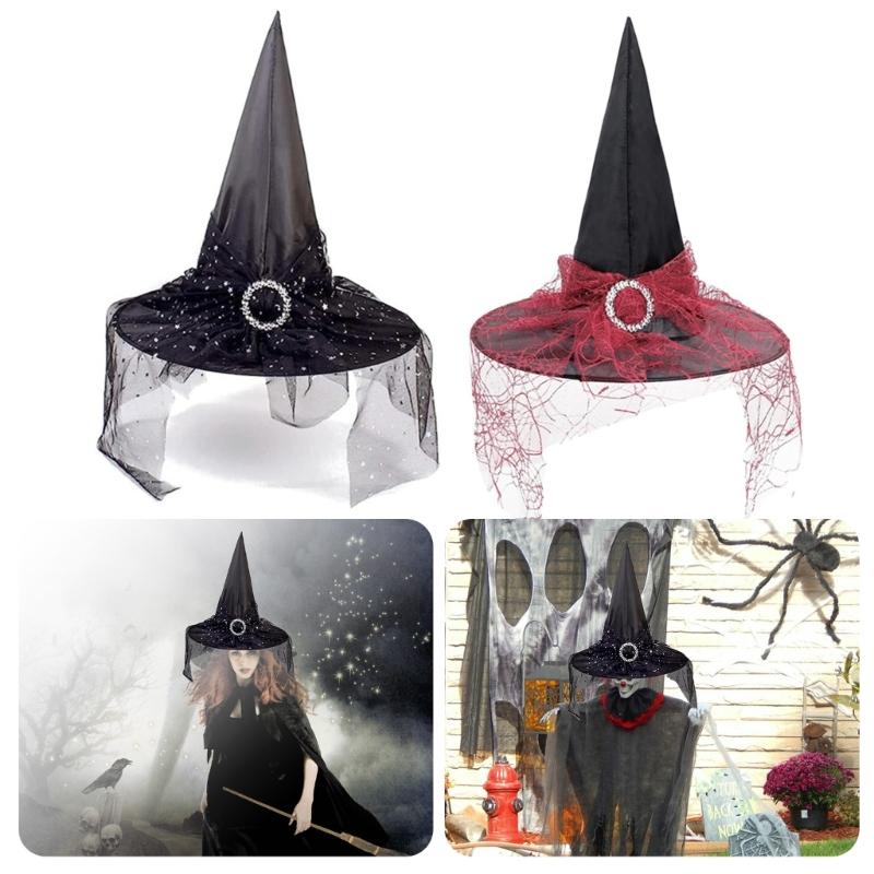 Witch Hat Sunglasses Gloves for Halloween Party Decorations Wizard Cap Photo Props Wide Brim Hat with Blingblign Veil
