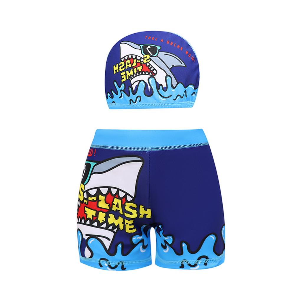 Kids Waterproof Swim Trunks with High Elasticity Four Corner Design and Matching Swim Cap Suitable for Summer Swimming Activities