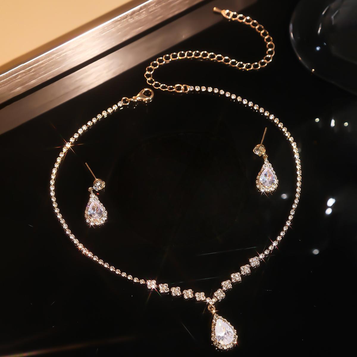 

New Luxury Brand Fashion Green Water Drop Crystal Necklace Earring Set for Women Exquisite Wedding Bride Zircon Jewelry Set Gift