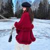 Women Double‑Layer Faux Fur Trim Poncho Shawl Winter Warm Open Front Cape Outerwear