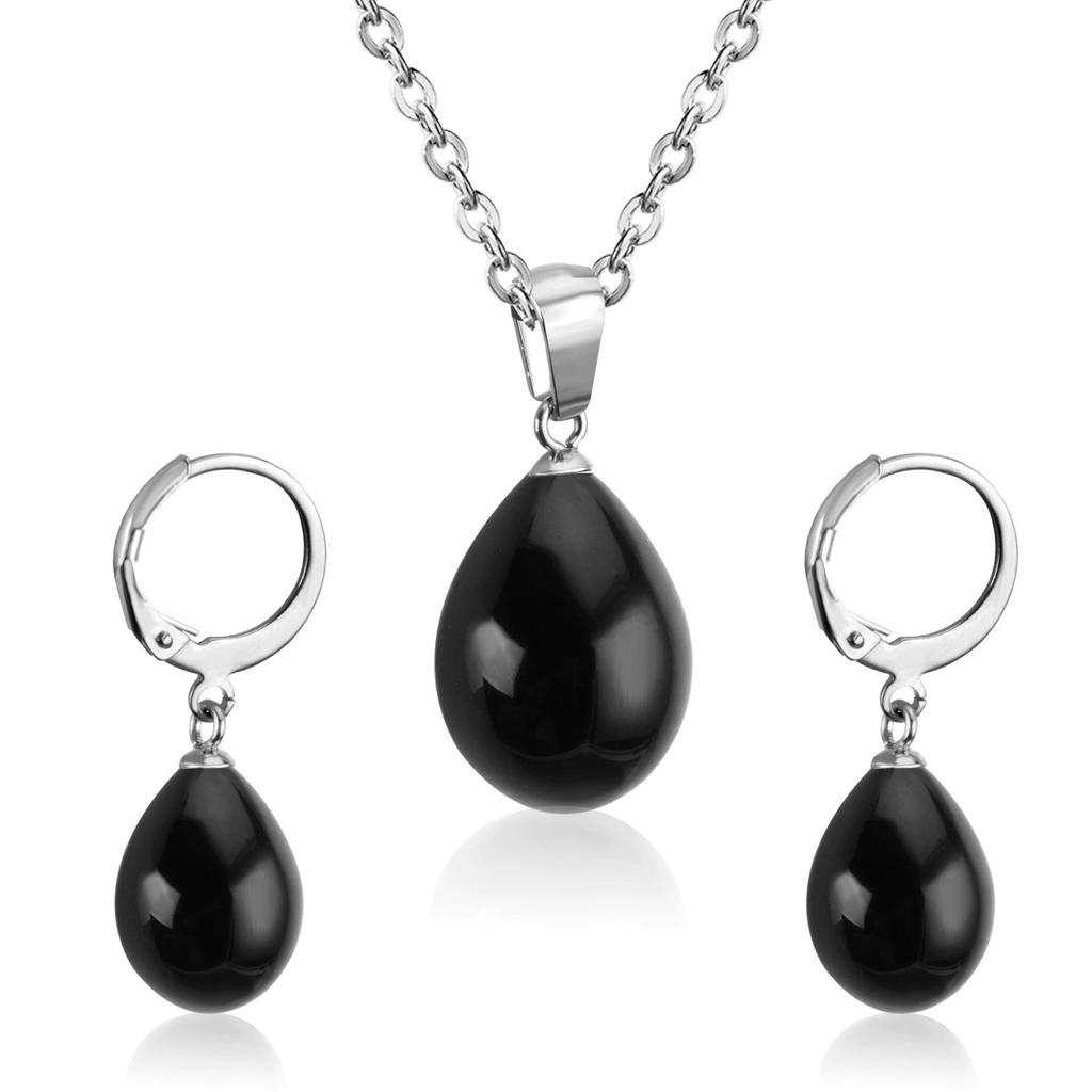 925 Sterling Silver Color Pearl Pendant Necklace Loop Hoop Earrings White Teardrop Women Girls Wedding Party Nice Gifts