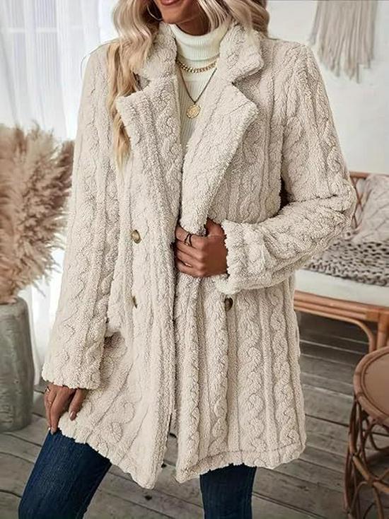 Women's Plush Double-Breasted Mid-Length Coat - Comfortable, Casual, Warm Suit Collar.