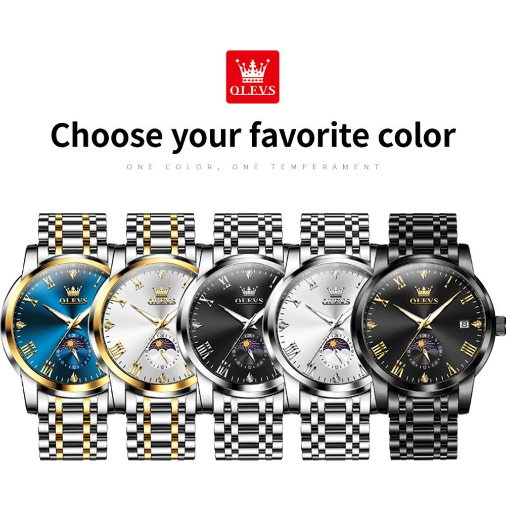 OLEVS 3656 Brand Men's Watches Fashion Original Quartz Watch for Man Waterproof Stainless Steel Luminous Wristwatch Moon Phase