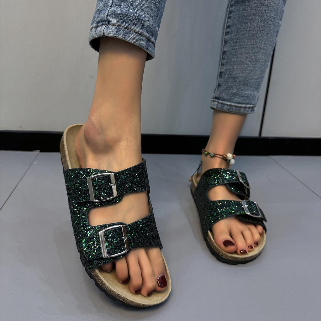 Summer Fashion Pink Diamond Solid Color Round Toe Adult Sexy Women's Large Size Sandals Casual Flats Comfortable Slippers