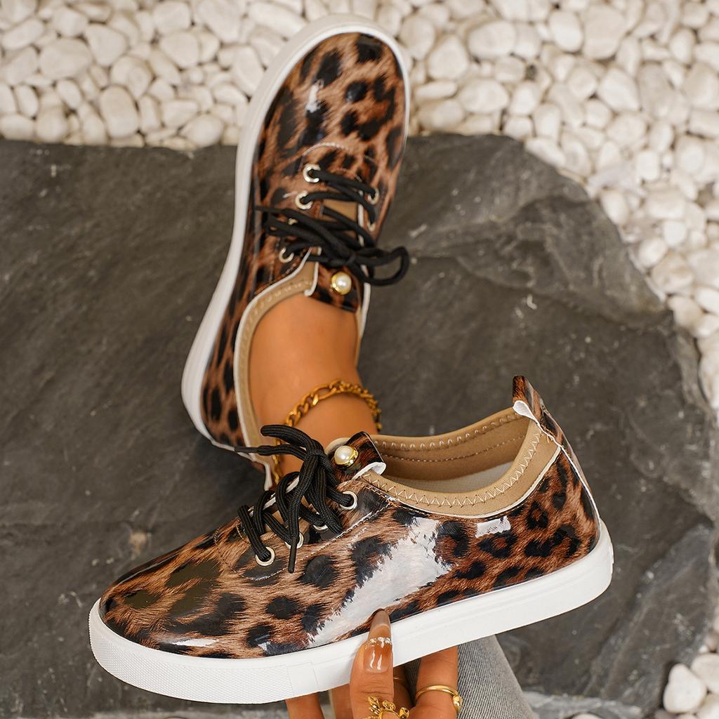 Plus Size Leopard Print Thick Soled Vulcanized Shoes Women, Non Slip Sports Casual Shoes, Lace Up Height Increasing Single Shoe