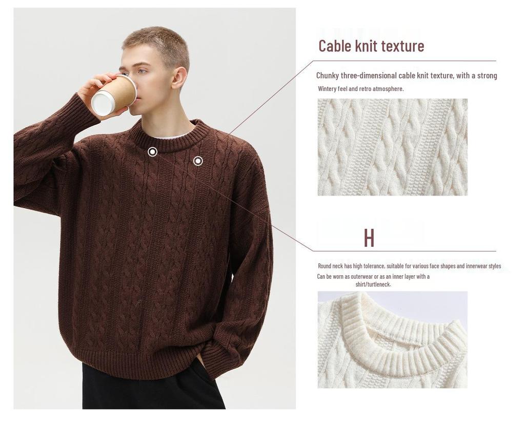 Pánský texturovaný pletený svetr s copánkovým vzorem a kulatým výstřihem - Trendy silný pulovr na podzim/zimu, základní všestranný svršek
