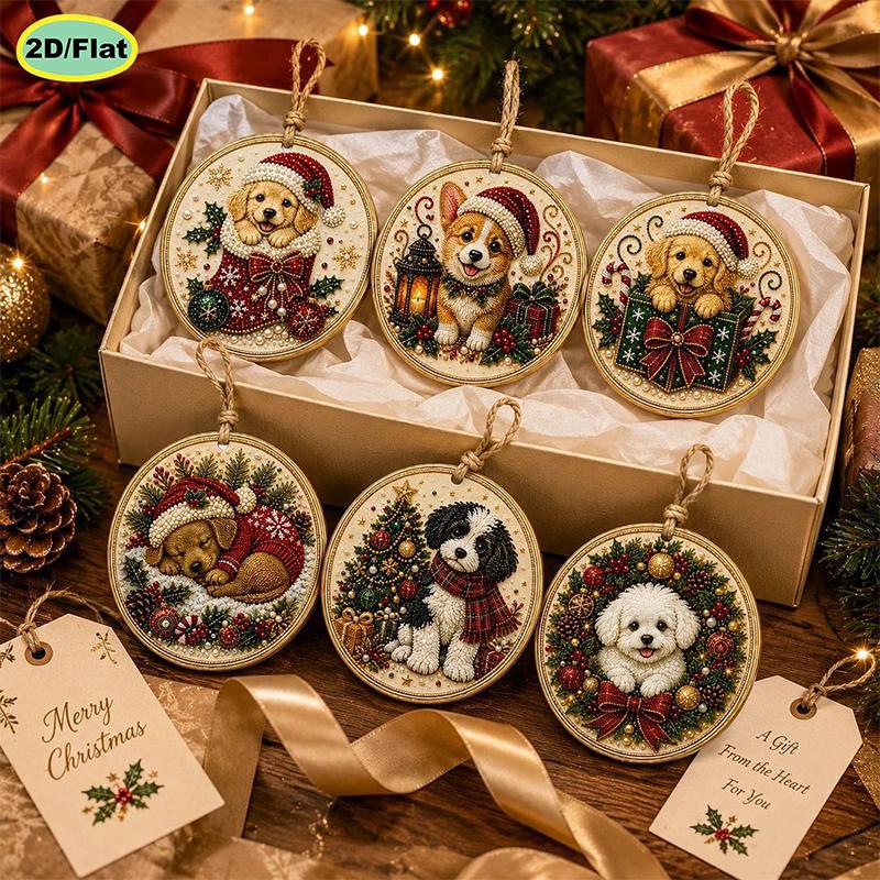 6pcs DIY Pearl Diamond Painting 2D Combination Set Animal Pattern Wooden Christmas Tree Pendant Holiday Party Artware Decoration