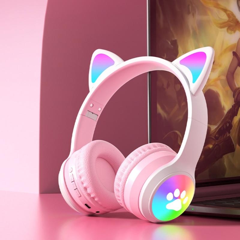 Active Noise Cancelling Wireless Bluetooth-compatible Cats  Ear Headphones Led Foldable Earphones TF Card Support