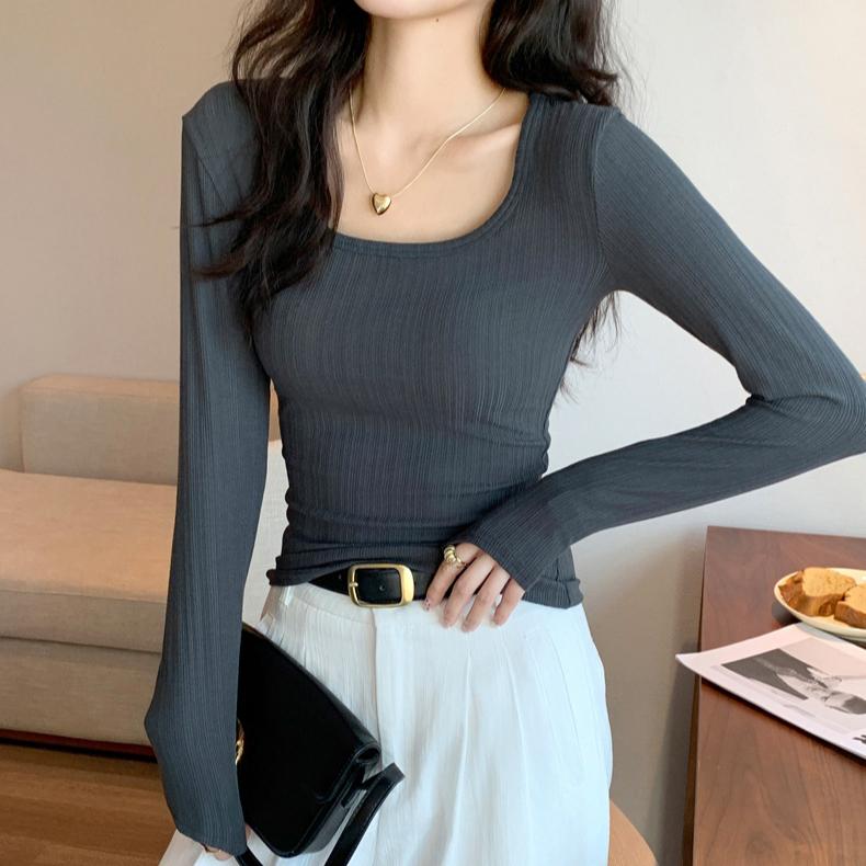 U-neck Sweater Solid Color Slim Knitted Sweater T-shirt Long-sleeved Top Low-neck Inner Layer Slim Pullover Women's Clothing