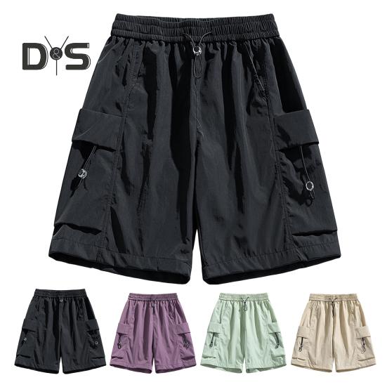 Pantaloni scurți pentru bărbați, cu talie elastică și șnur reglabil, sport, cu buzunare multiple, culoare solidă, croială lejeră, pantaloni scurți casual