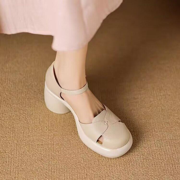 

Fashion 2025 Fashion Sandals Woman Leather Pu Root Square Rome Hoof Heels Slides Rubber Low Sandals Woman Low-heeled Hoof Heels Slides 35