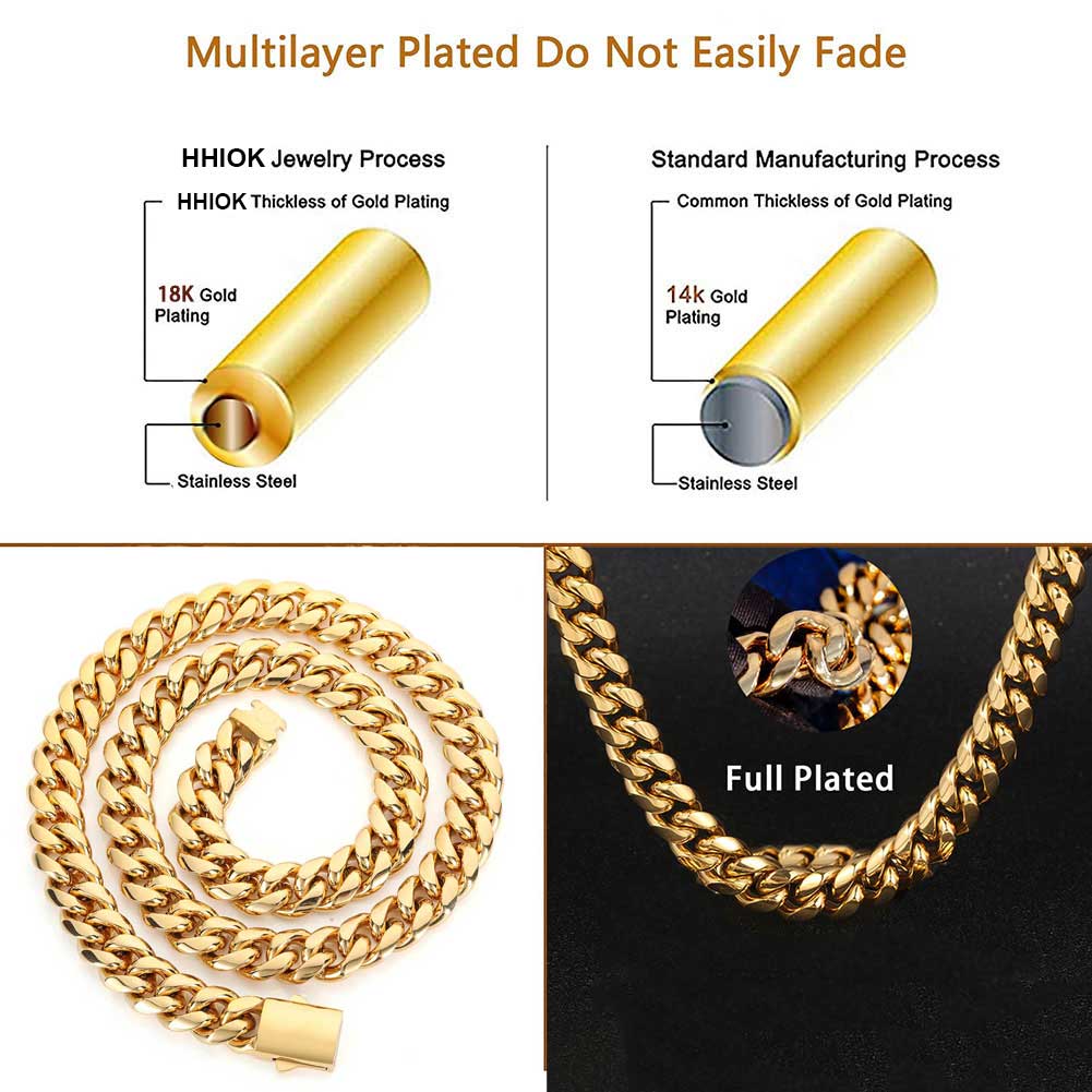 Hoge Kwaliteit Breedte 8-14mm Roestvrij Staal Goudkleurige Cubaanse Ketting Waterdicht Mannen Vrouw Curb Link Ketting Verschillende Maten