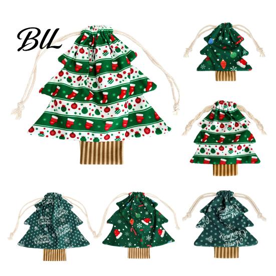 Printed Holiday Gift Bags Christmas Tree Shaped with Drawstring, Reusable Fabric Bags, Winter Goodie Storage Pouches for Present Wrapping, Party