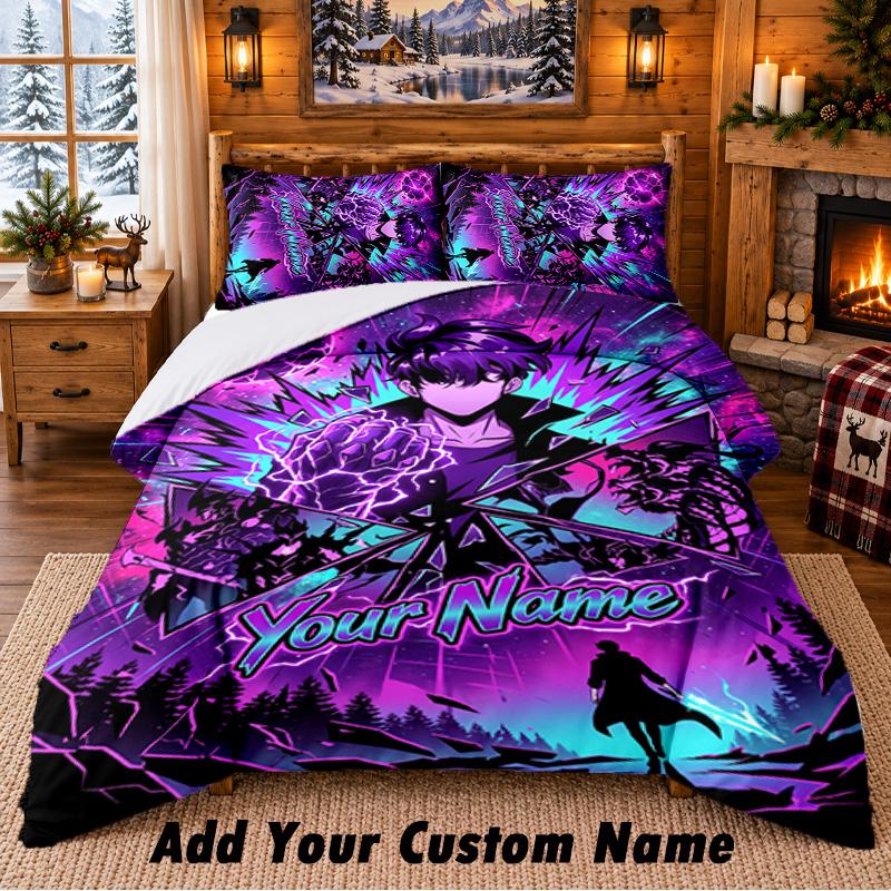 Solo Leveling Custom Name 3Pcs Bedding Set 1 Bed Sheet 2 Pillowcases Bedroom Home Decor