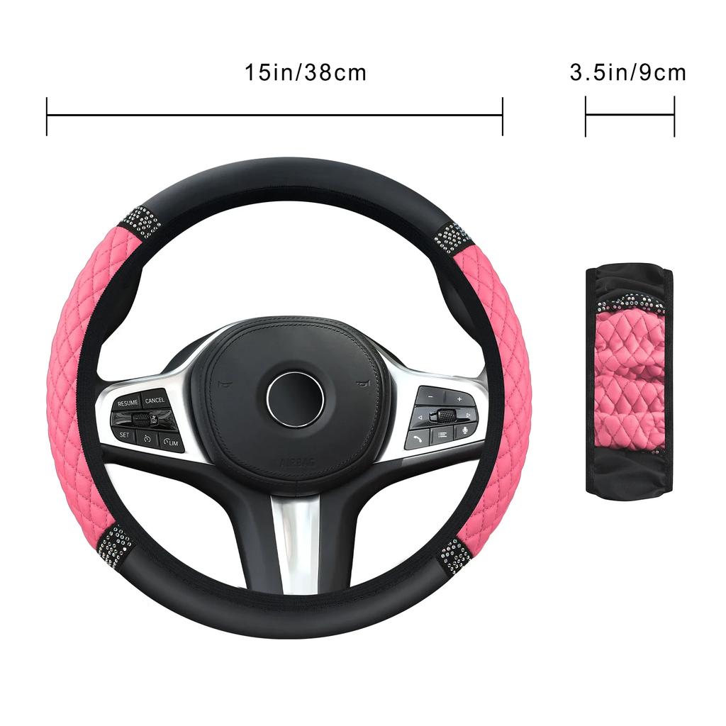 1PC Car Steering Wheel Cover High-grade Women's Splice Diamond Insert Without Inner Ring Non-slip PU Elastic Handlebar Cover
