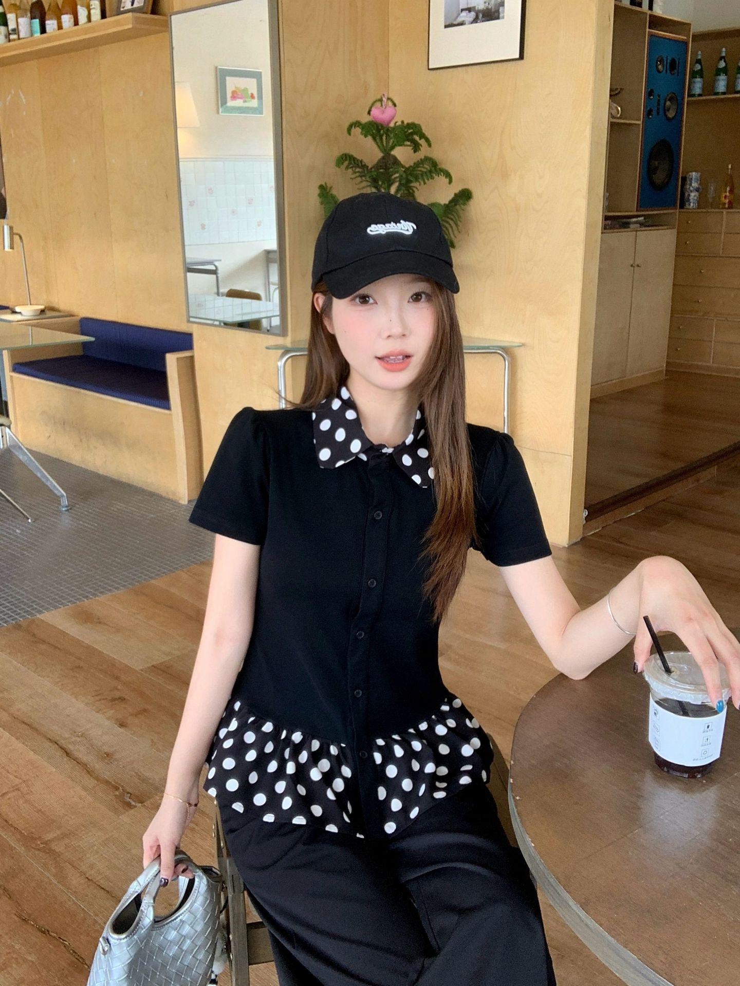 Plus Size Black Patchwork Polka Dot Doll Collar T-shirt for Summer Medium