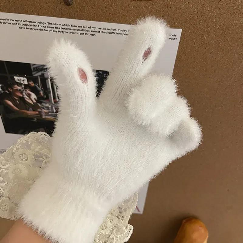 Version Coréenne Gants Tricotés en Laine pour Femmes en Hiver Pelucheux et Épaissis Chaleur pour le Cyclisme Gants Compatibles Écran Tactile Assortis