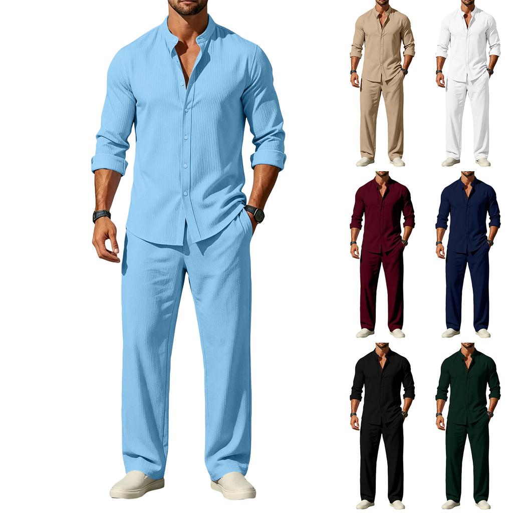 Men's Striped Texture Long Sleeve Shirt and Pants Set for Everyday Wear