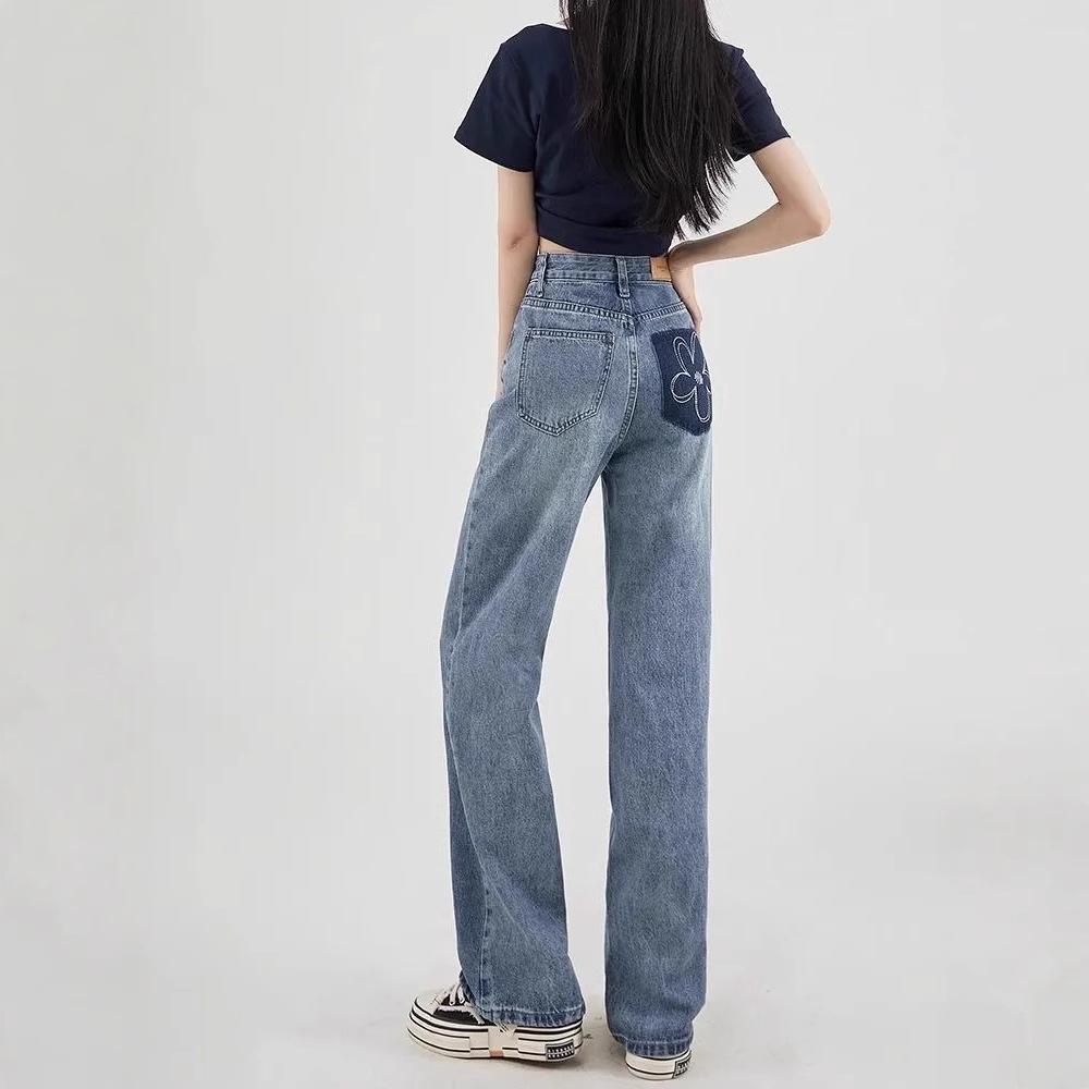 

Women s Retro Floral Embroidery Slim-Fit Wide-Leg Jeans: Trendy Loose Casual Pants S світло-синій колір