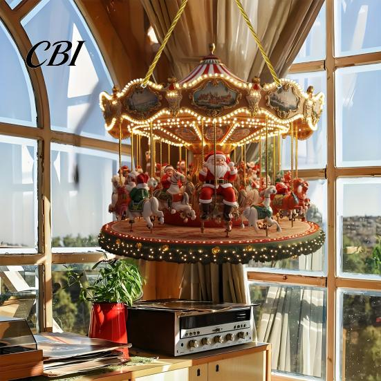Decorative Lanyard Christmas Pendants Santa Claus Carousel/Snow Cottage Hanging Ornament, Double-Sided Customizable Holiday Party Favors Acrylic