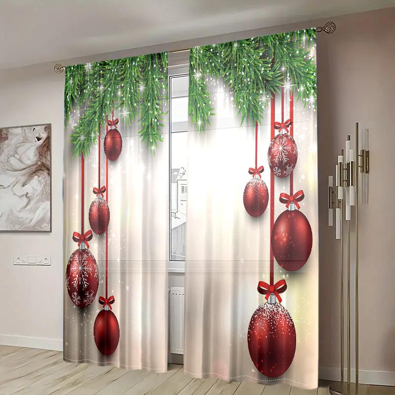 2 Pieces, Christmas Ball, Christmas Tree Curtains -30% Blackout - Suitable for Living Room, Bedroom, Kitchen, Home Decoration