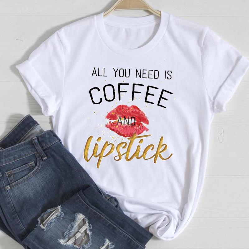 Sommar Dammode Tryckta Läppar Ren Bomull Rund Hals Lös T-shirt Dam