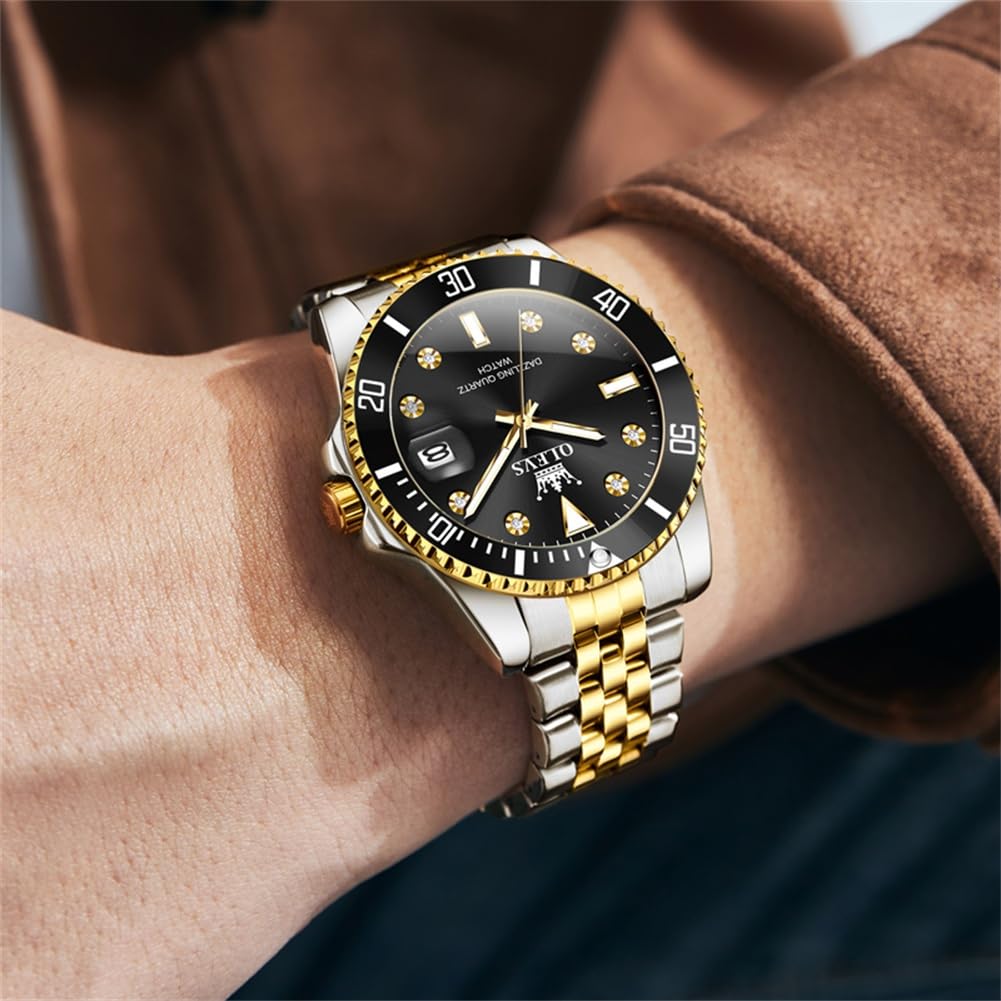 OLEVS Unidirectional Rotating Bezel Gold and Popular Waterproof Analog Quartz Black Stylish Stainless Steel Watch with Date Simple Large Perfect for