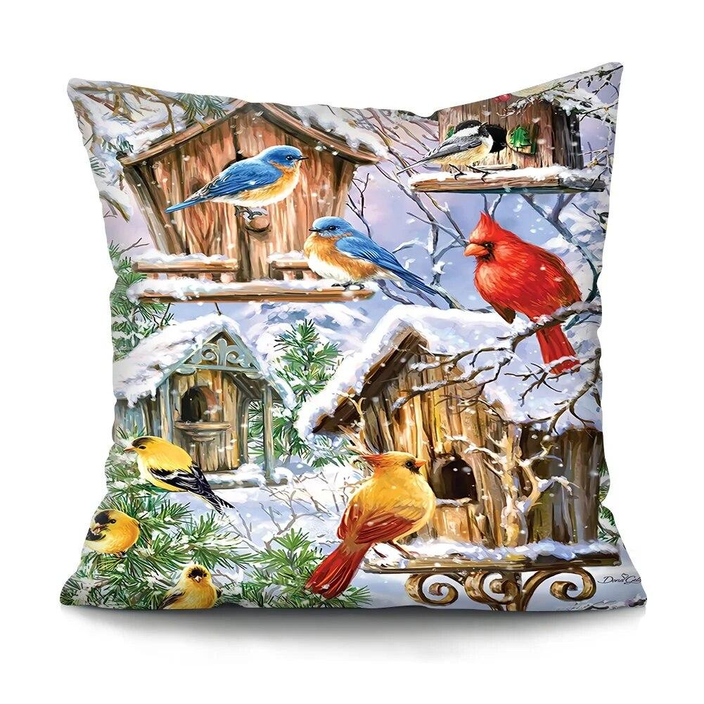 Bedroom Living Room Cushion Cover Oil Painting Bird Cushion Cover Chinese Style Car Sofa Home Decor Pillowcase