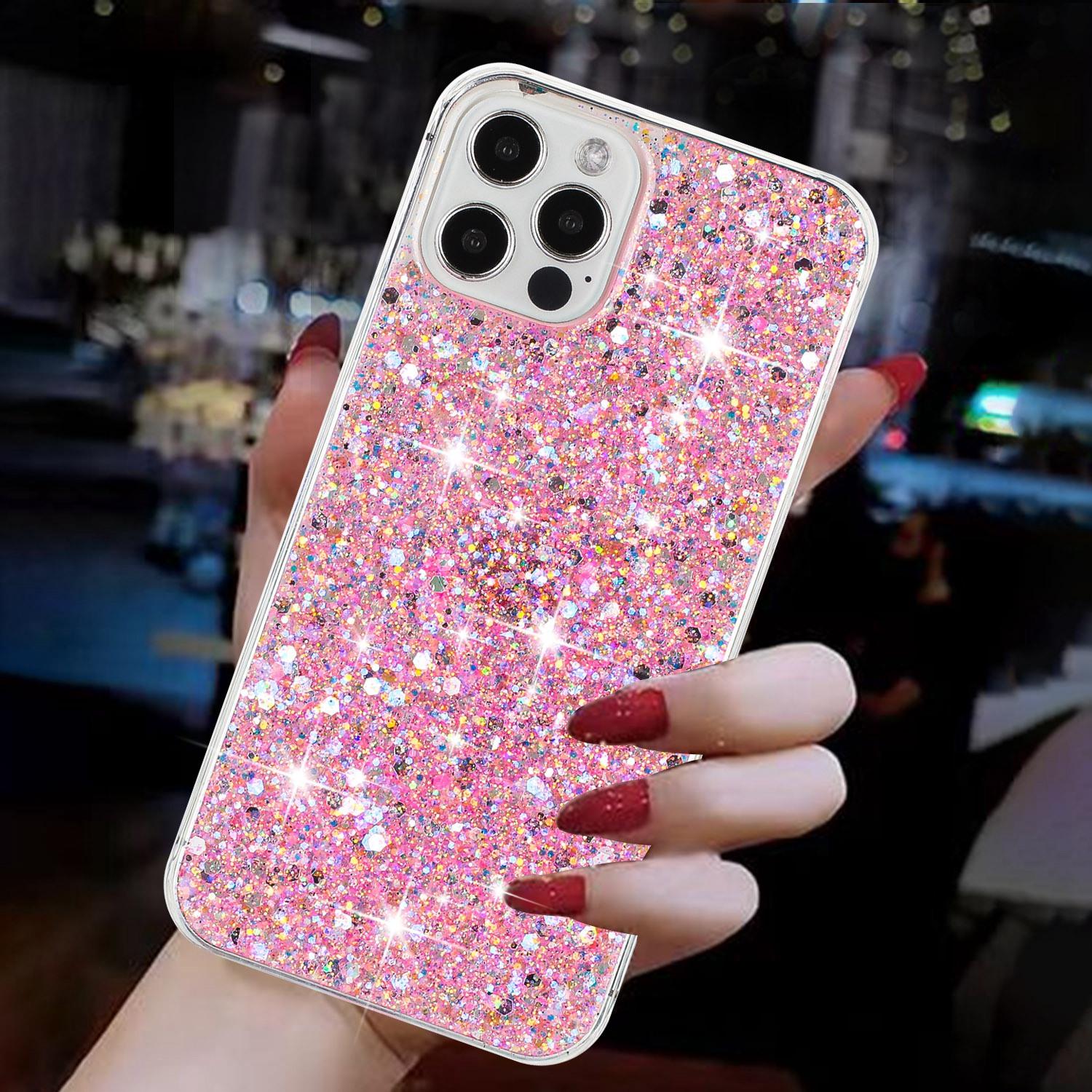 

For iPhone 16 Pro Case TPU Drop Protection Epoxy Glittery Sequins Phone Cover Purple