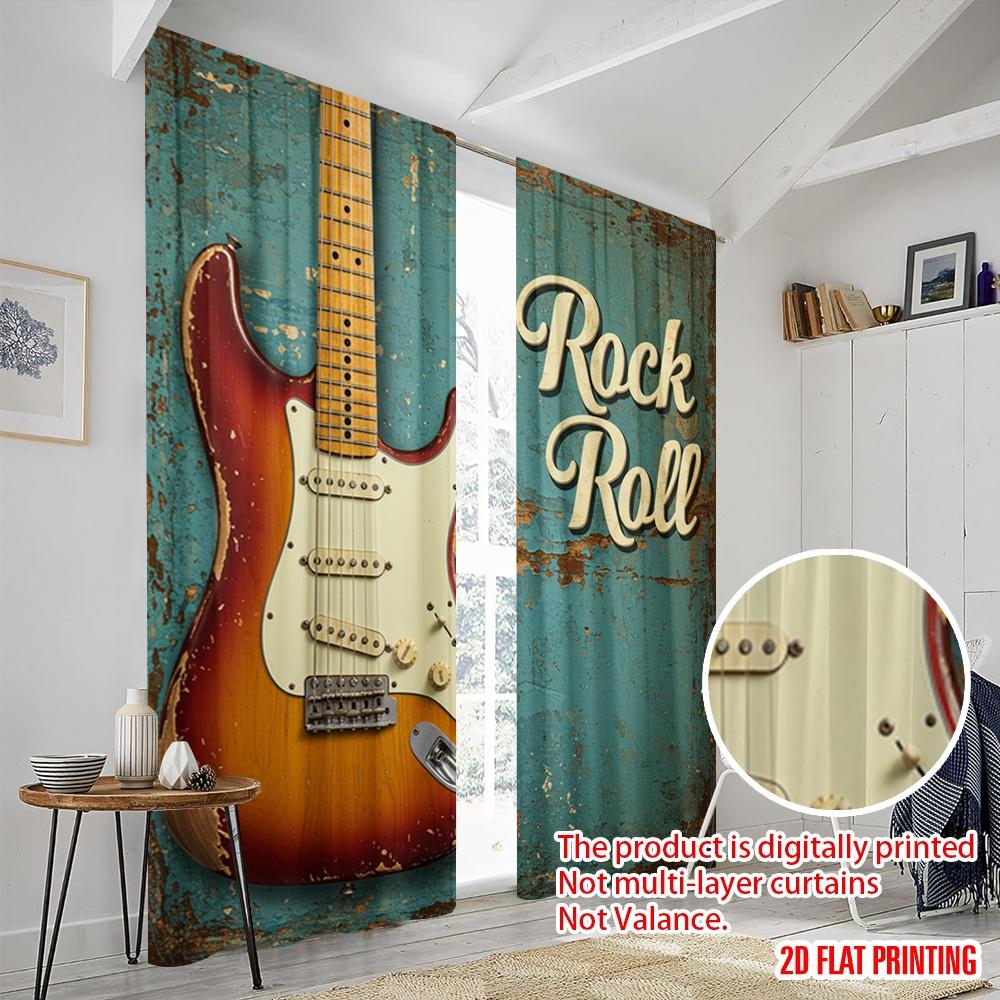 2pcs 2D Flat Printing Curtains Vintage Guitar Rock Roll Fabric Without Electricity 0 for Yard & Garden No Power Needed