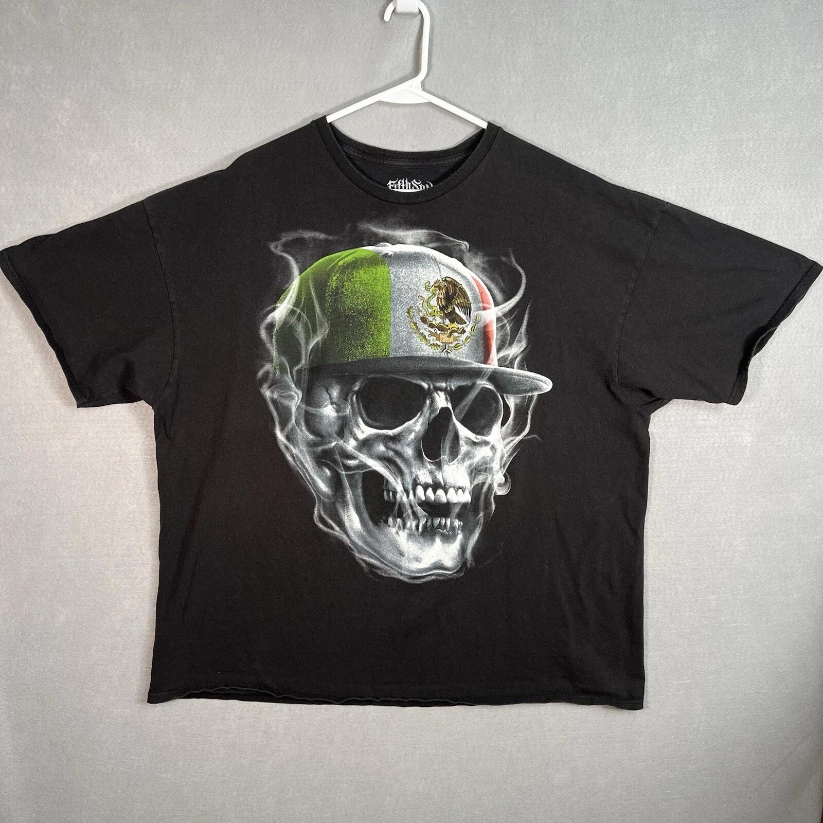 Fifth Sun Skull Mexican Flag Smoking T Shirt Adult 3XL Black Mens 3XL