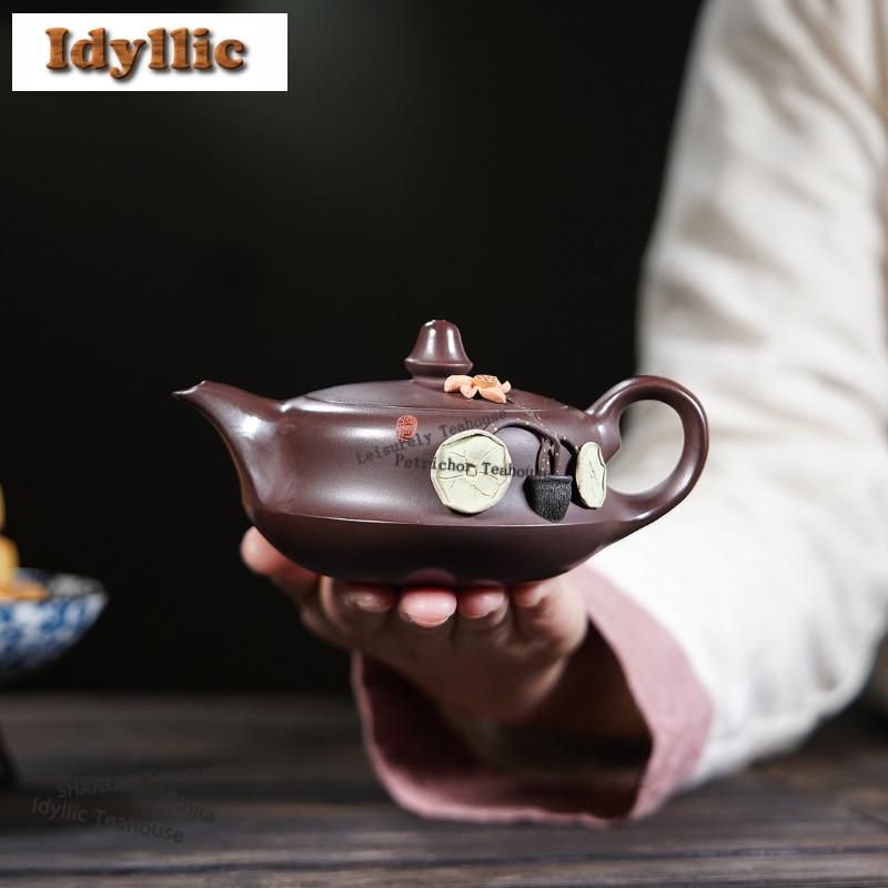 290ml Aesthetic Yixing Purple Clay Teapots Handmade Stacking Lotus Pot Raw Ore Mud Kettle Zisha Tea Set Decoration Gifts Craft