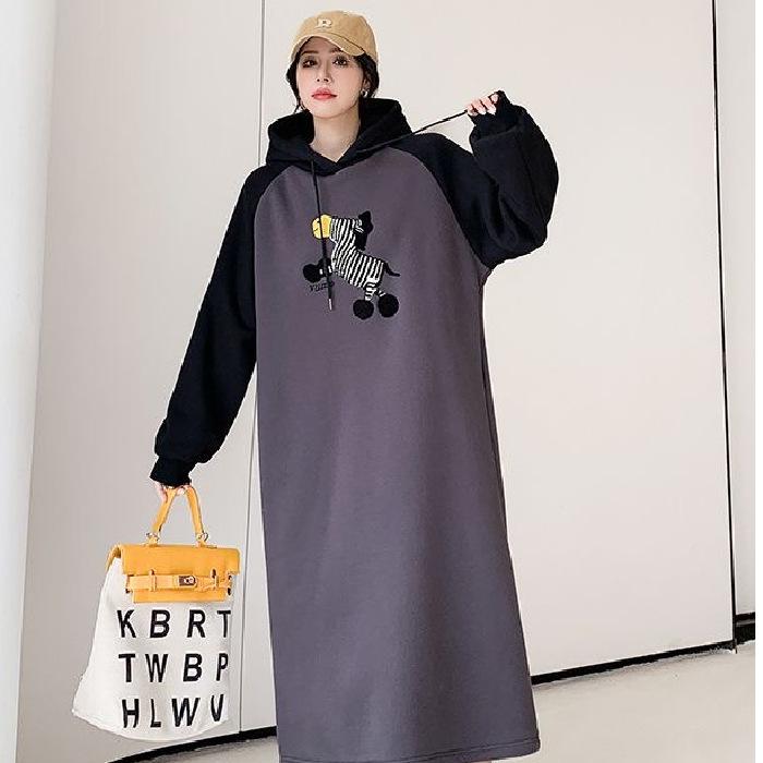 Long Sleeve Dress Women's Spring and Autumn New Small Loose and Skinny Hooded Wear Dress Large Size Knee Long Skirt