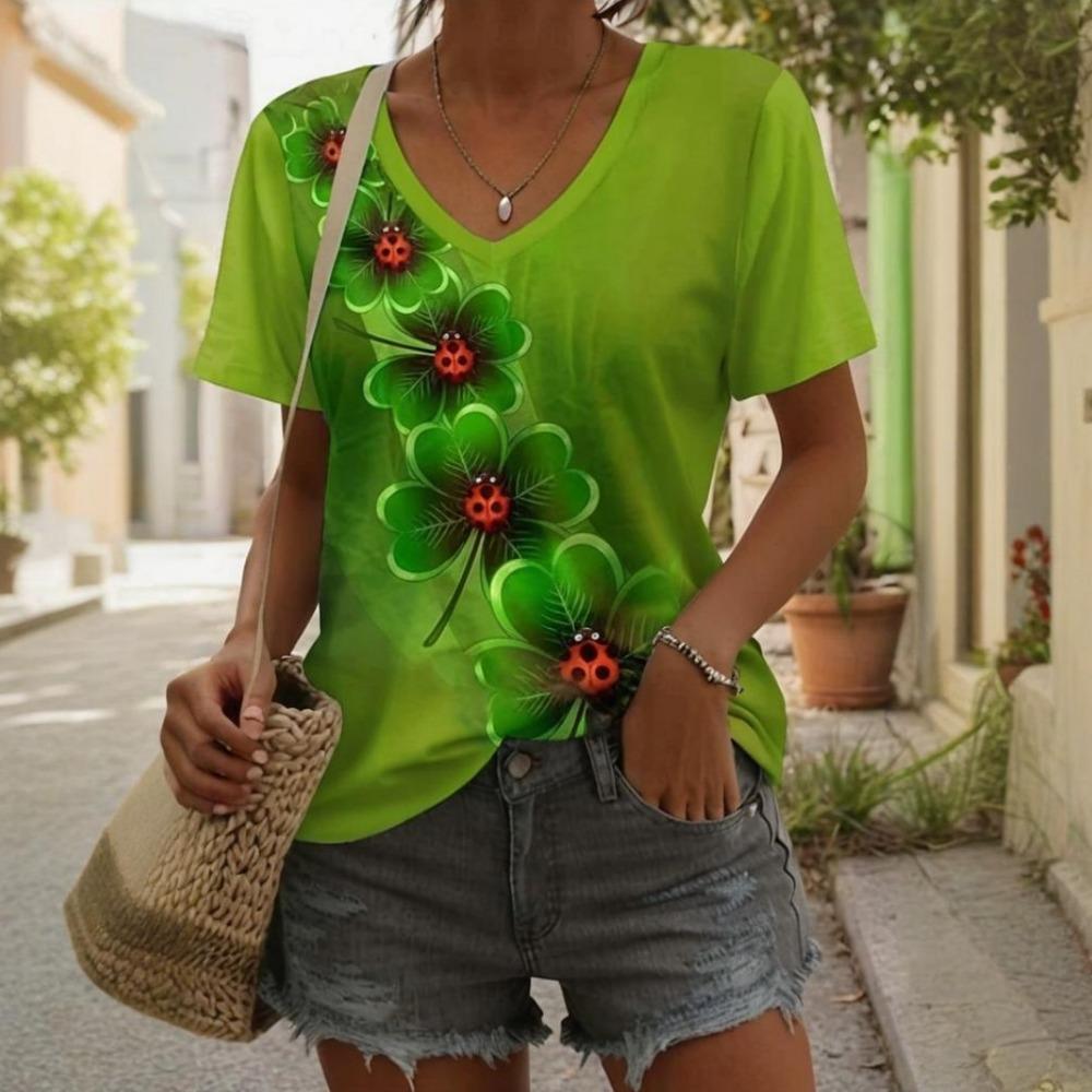 Damen T-Shirt Sommer lässig Outdoor V-Ausschnitt Bluse kurzärmlig Bedrucktes Muster vielseitig Übergröße locker bequem kurz