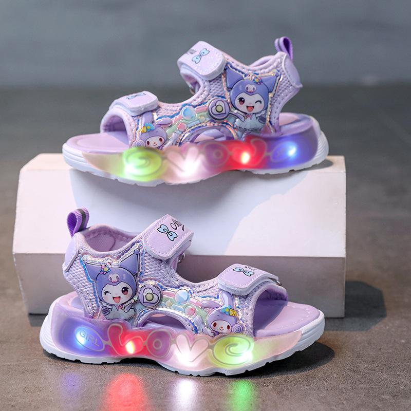 Summer New Girls' My Melody Princess Sandals Children's Kuromi Velcro Glowing Student Beach Shoes