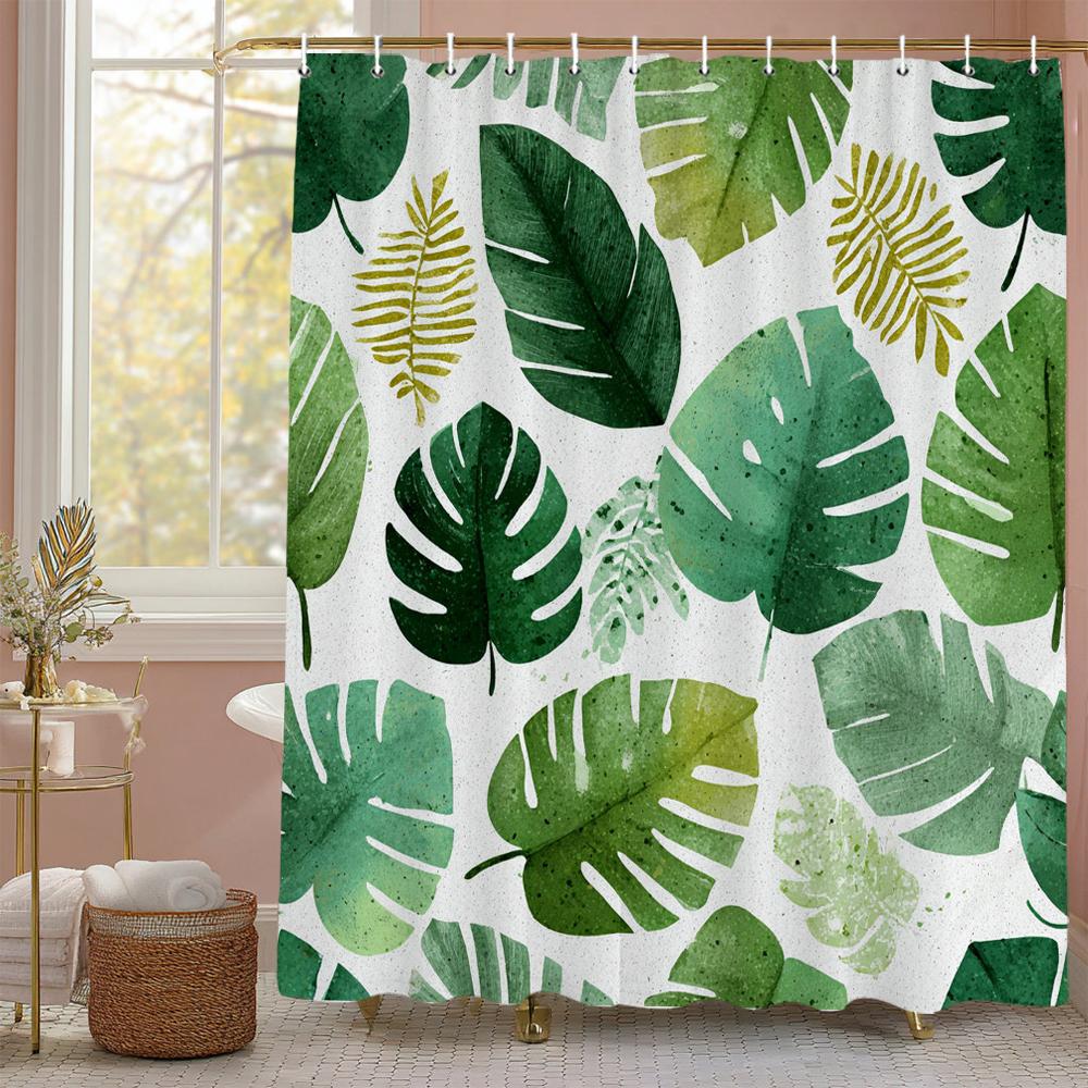 Grünes Blatt Duschvorhang, Palmblatt, Bananenblatt Badezimmerdeko, Wasserdichter Polyester Duschvorhang, Heimdeko Duschvorhang