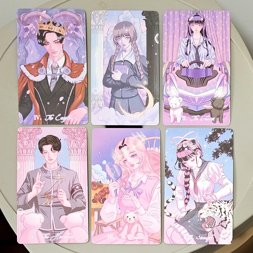 Kawaii Anime Tarot Deck 10.5*6cm - 78 Cards Coquette Aesthetic Pink Pastel Manga Tarot Cards - "HORANG NAVI" Double-embossed