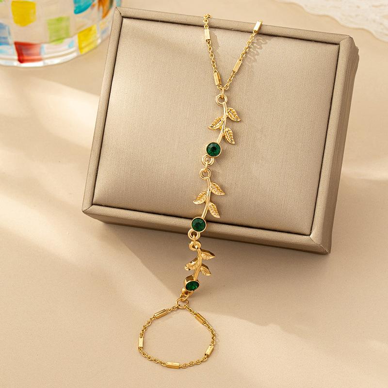 Personalized Green Zircon Leaves Tassel Chain Finger Bangle for Women Gold Color Geometry Knuckle Ring Bracelets Jewelry Gift