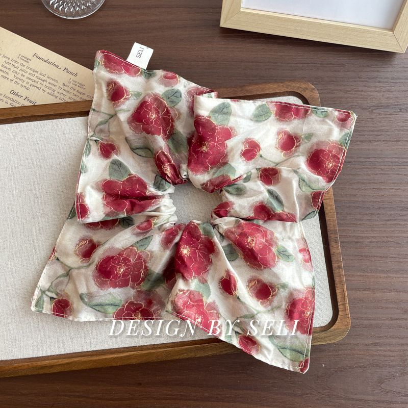 1pc New Style Large Intestine Hair Ring Square Towel with Blurred Rose Floral Patterns, Tied Hair Ring