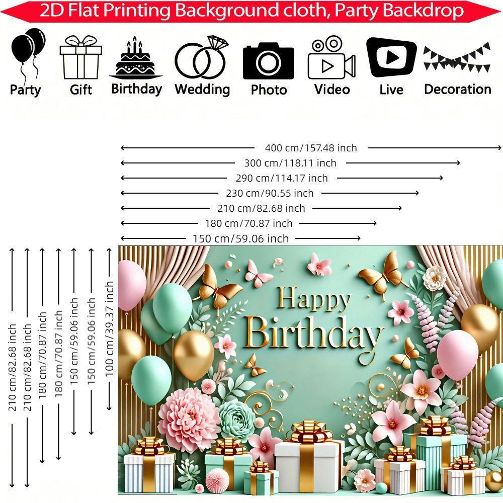 1pc Birthday Celebration Background Banner Teal Background Gold Lettering Decoration with Floral Gift Box Pattern Decoration