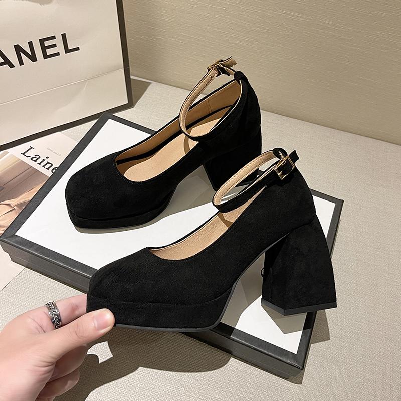 Fashion Women's New Autumn Coarse Heel Single Shoes Round Head Shallow Mouth Suede Thick Sole Anti-slip Wear-resistant High Heels