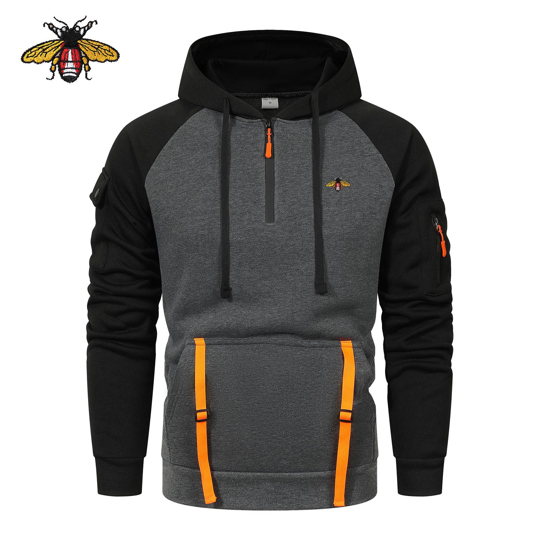 

Осень/Зима 2025 Новая Толстовка-пуловер с вышивкой пчелы, мужская, повседневная, с несколькими молниями, с карманом на рукаве, большая толстовка, толстовка для занятий спортом на открытом воздухе 3XL
