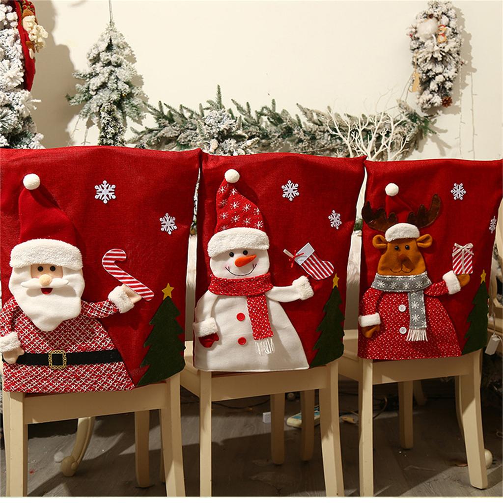 Christmas Chair Cover Cartoon Santa Snowman Chair Sleeve Back Decor Ornament 2024 New Year Holiday Home Decorations