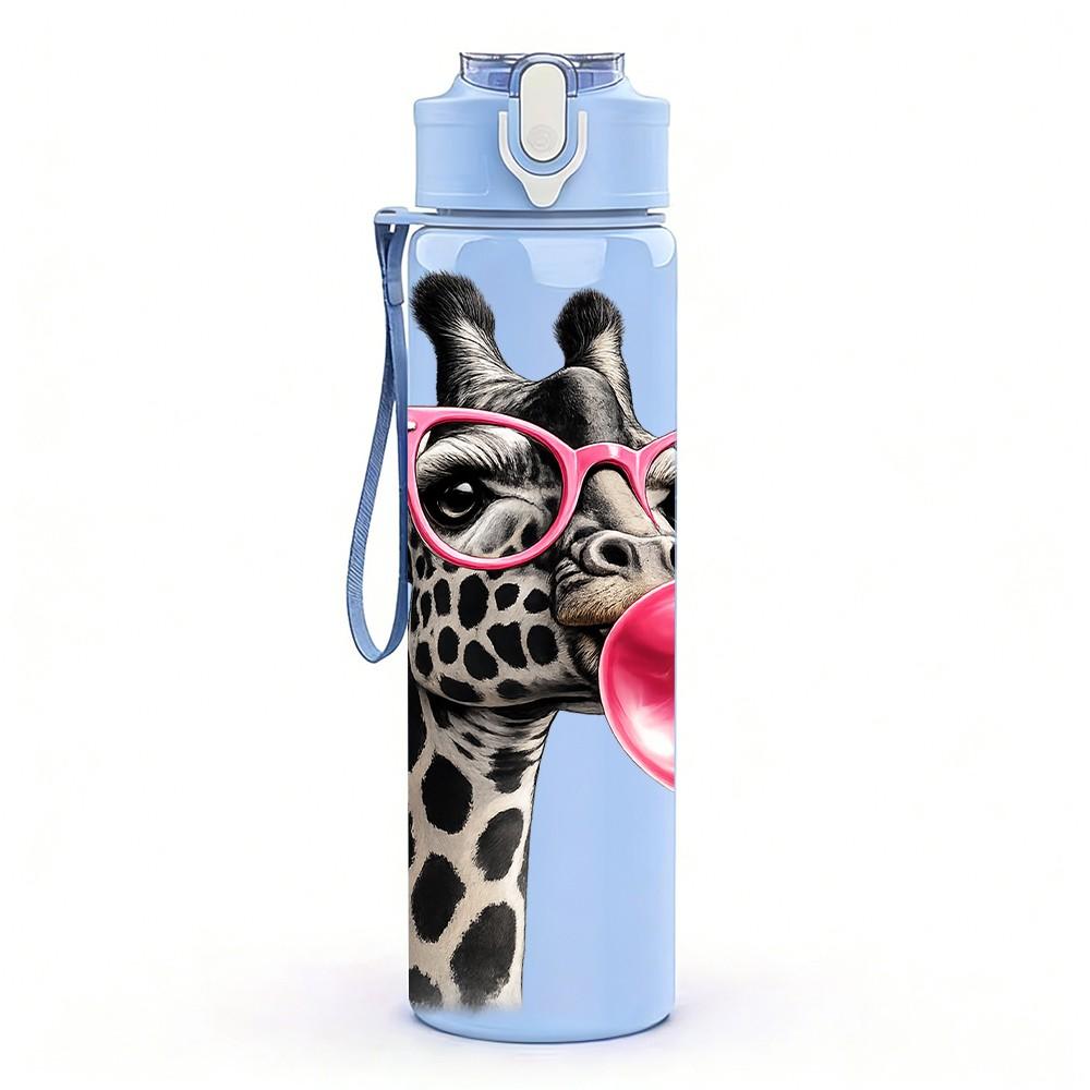 1PC Giraffe Blowing Bubble Cute Print 750ml Color Plastic Sports Water Bottle Leakproof Flip Straw Lid Suitable for Sports Office Home Use