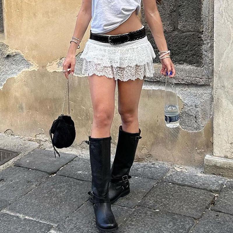 2024 Summer Street Style Low-Waist Lace Patchwork A-Line Mini Skirt for Women