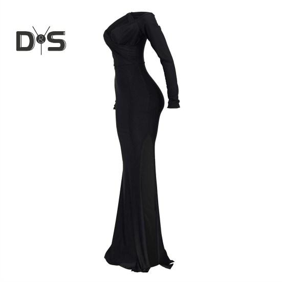 Lady Evening Dress V Neck Off Shoulder Side Slit Floor Length Long Sleeves Pleated Slim Fit Maxi Dress Ball Gown Banquet Party Dress