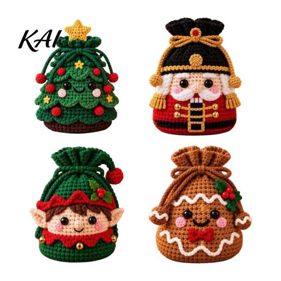 Holiday Home Decor DIY Christmas Crochet Gift Bag Material Kit for Beginners, Handmade Knitted Decoration Bag, Creative Xmas Tree/Elf/Nutcracker