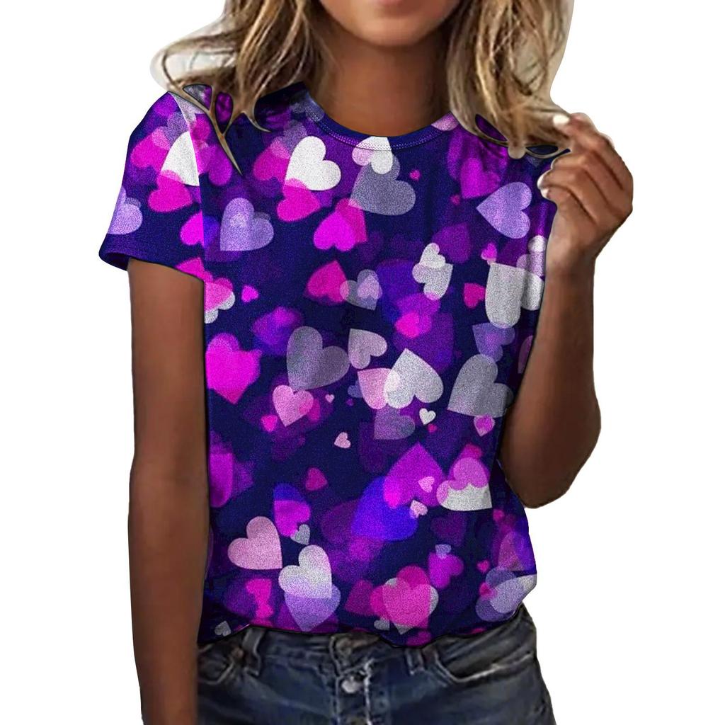 Summer Round Neck 3D Love Flower Print Top Fashionable Casual Short Sleeved Women's T-shirts
